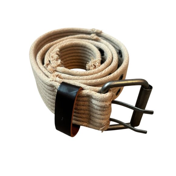 Vintage 90's Grunge Distressed Double Grommet Canvas Belt Beige - Picture 2 of 7